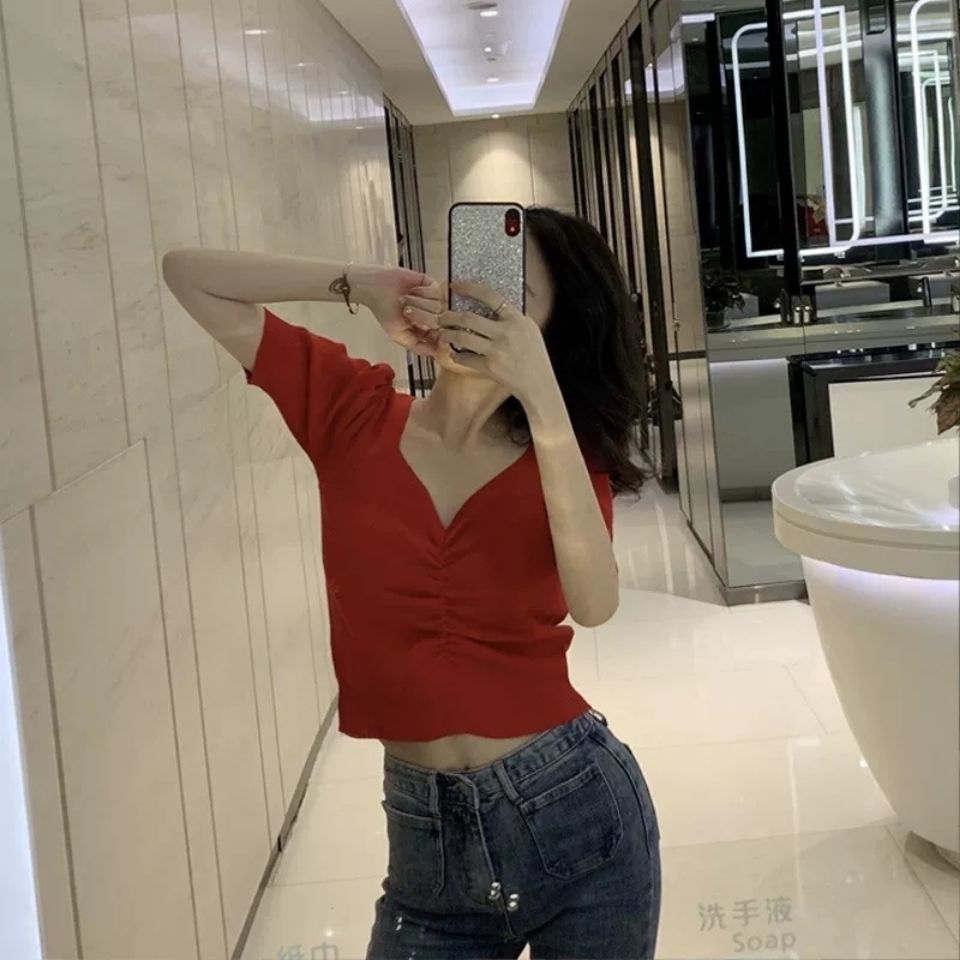 Wonder Knitted Short Sleeve T Shirts Retro V-Neck Puff Tees Vintage Korean Pleated Ladies Elastic 210510