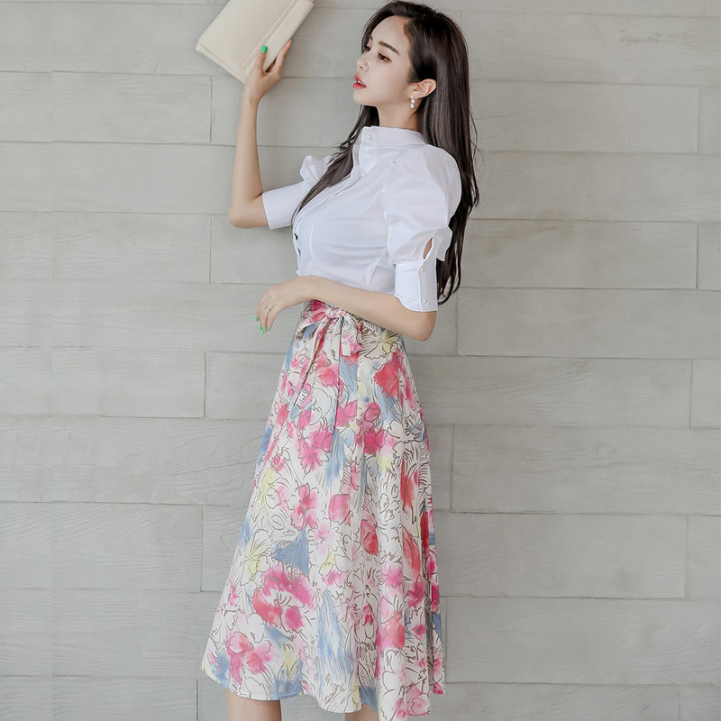 Summer White Puff Sleeve Shirt Button Tops + Print Floral Bow Skirt Suit Beach Vacation Casual 2 Piece Set for Women 210506