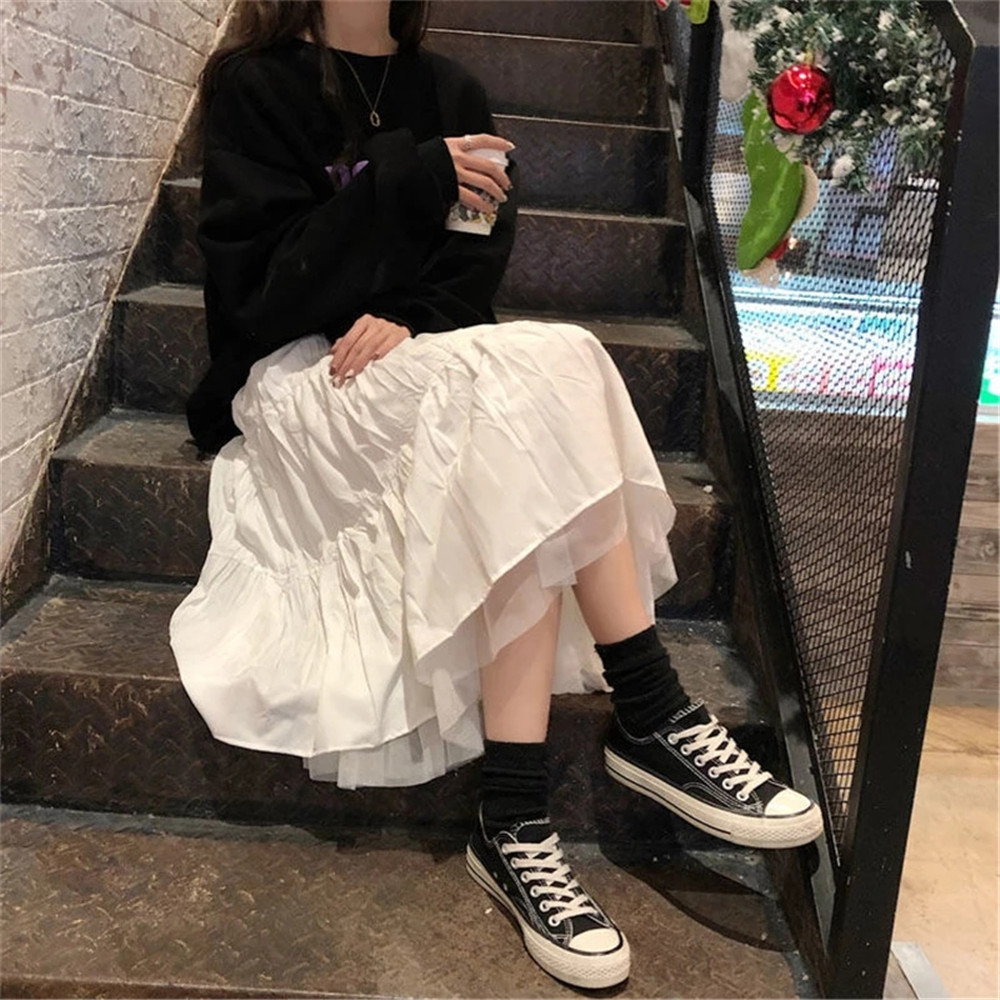 Summer Black Gothic Skirts A-Line Mesh High Waist Midi Long Pleated Women Fairy Patchwork Korean Loose White Streetwear 210421