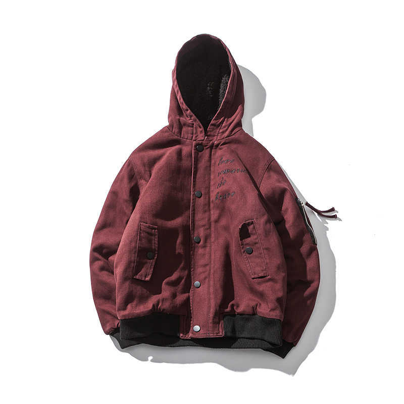 Men Winter Thicken Streetwear Casual Hooded Jacket Coat Men Outwear Embroidery Japanese Style Cargo Jackets Red Male 210603