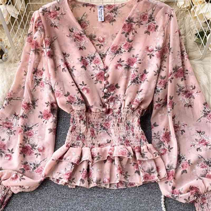Summer Chiffon Tops Fashion Floral Print Blouse Women Lantern Sleeve Shirt Ruffle Waist Slim Blusa Camisas Mujer 210519