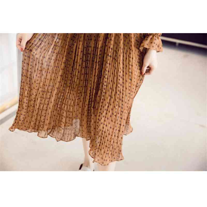 Women chiffon dress autumn winter female elegant vintage long sleeve printed pleated office lady casual loose es 210423