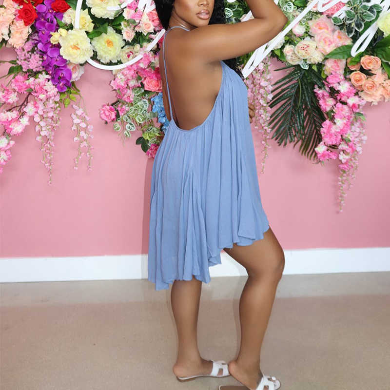 Summer Halter Backless Loose Pleated Mini Dress 210702