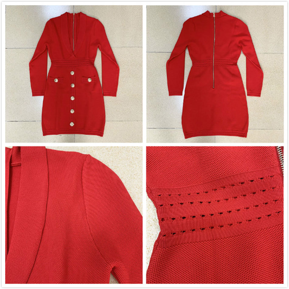 Free Autumn Women Bodycon Dress Red Sexy V-neck Long Sleeve Button Hollow Knit Club Evening Party 210524
