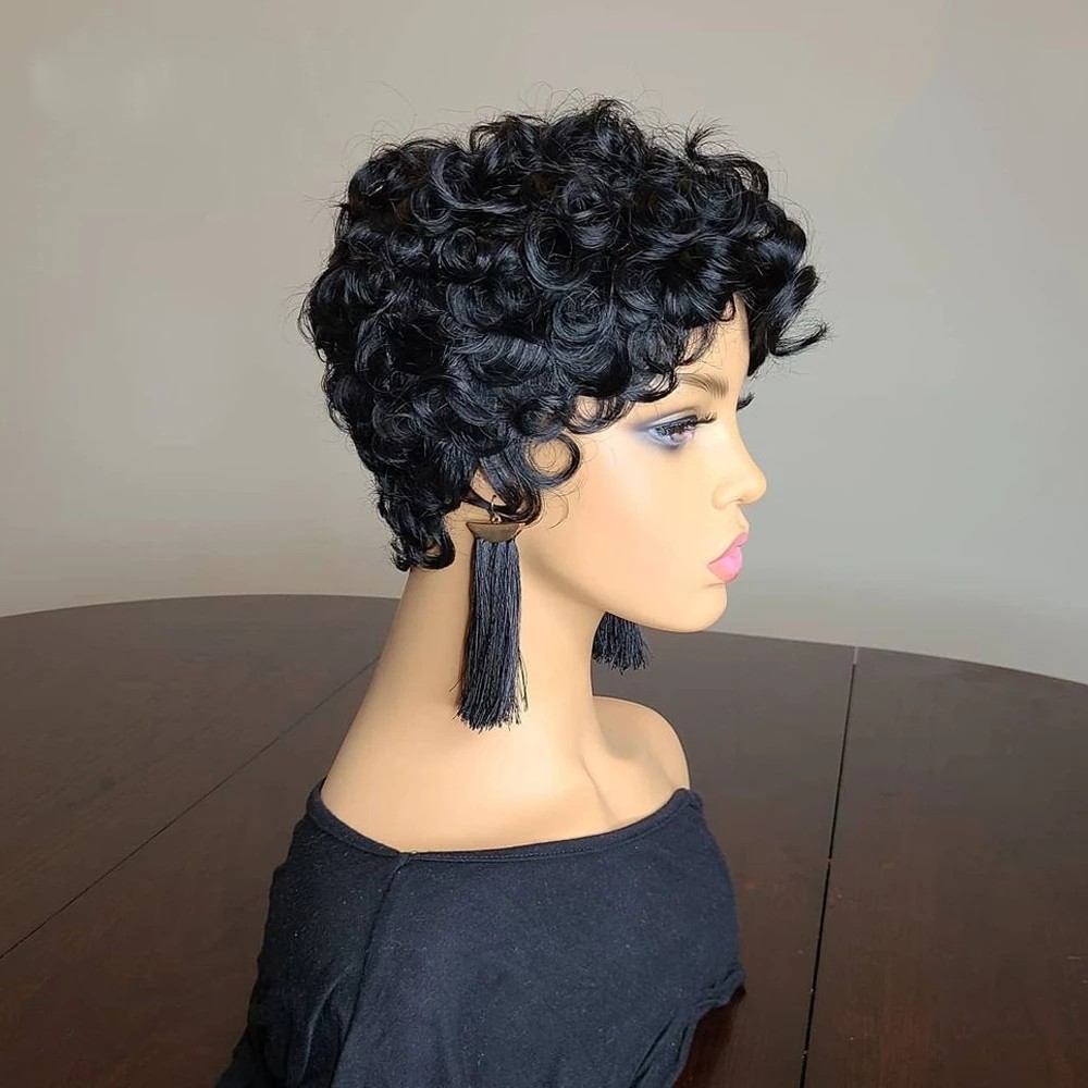 Short Bob Pixie Cut Brazilian Human Hair Wigs With Bangs For Woman Natural Color Curly No Lace Front Wig