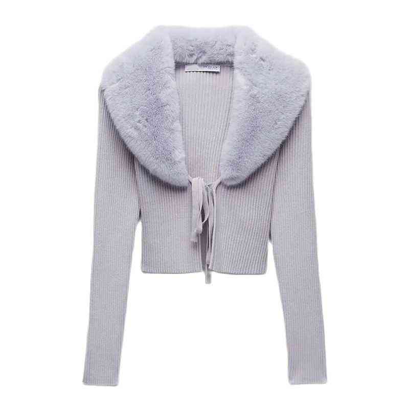 BBWM Women Sweet Fur Collar Splicing Knitting Sweater Female Lace Long Sleeve Cardigan Chic Top 211117