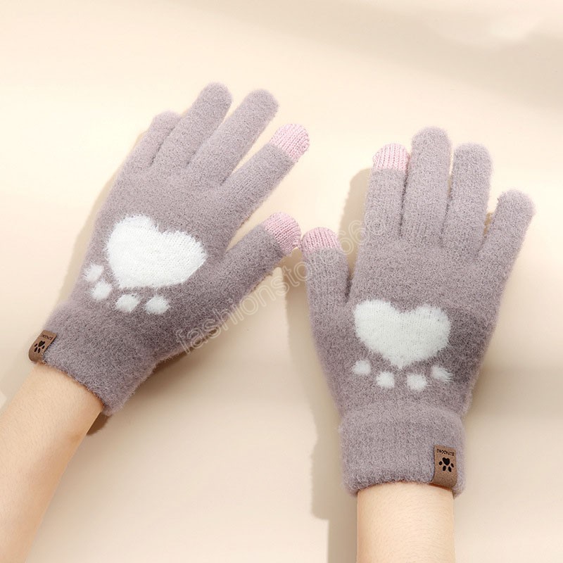 Winter Warm Soft Women Touch Screen Gloves Sweet Heart Print Fuzzy Full Fingers Gloves Cute Kawaii Female Knit Mittens