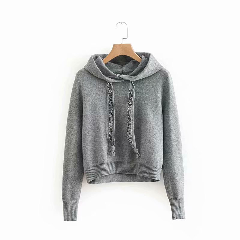 Evfer Women Autumn Fashion Diamond Drawstring Solid Knitted Hoodies Female Casual Long Sleeve High Elastic Knitwear Hooded Tops 210421