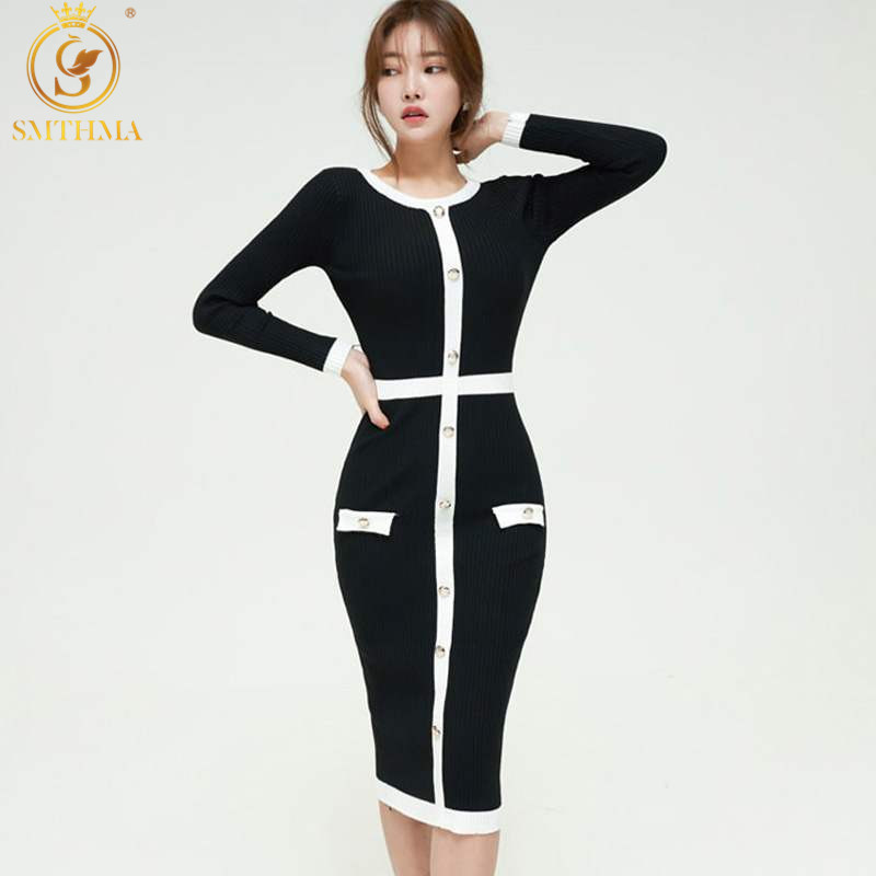 Winter Color Matching Office Elastic Knitted Dress Women Single-Breasted Long Sleeve Work Bodycon Vestidos 210520