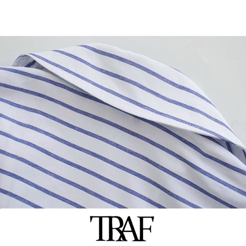 TRAF Women Fashion Office Wear Striped Loose Blouses Vintage Long Sleeve Pockets Female Shirts Chic Tops 210401