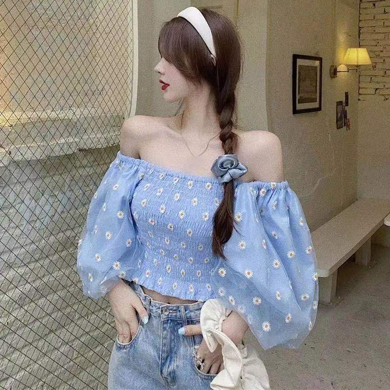 Summer Puff Sleeve Elegant Crop Top Female Chiffon Floral Blouse and Tops Womne Shirt Beach Blouse for Females Korean Chic 210521