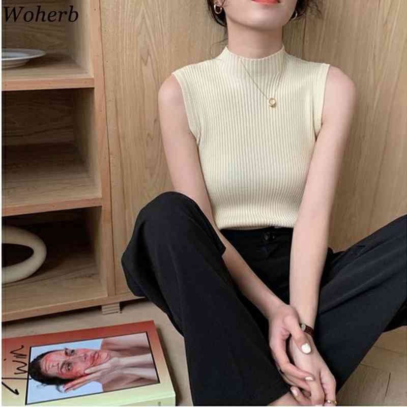 Women Tank Tops Summer Knitted Turtleneck Ladies Sexy Thin Slim Female Casual T-shirt All Match Top 210519