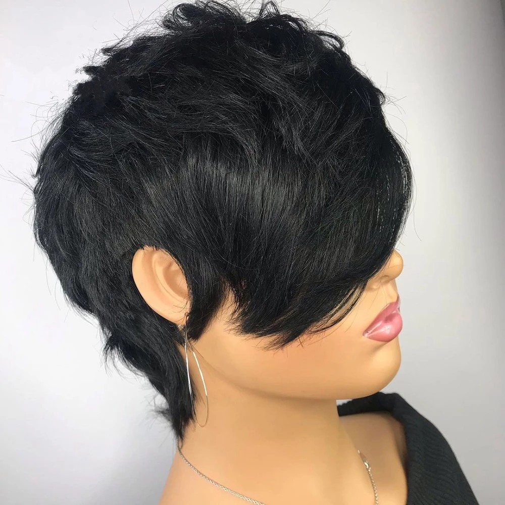 Short Wavy Bob Pixie Cut Full Machine Made Non Lace Front Human Hair Wigs With Bangs For Black Women Remy Brazilian