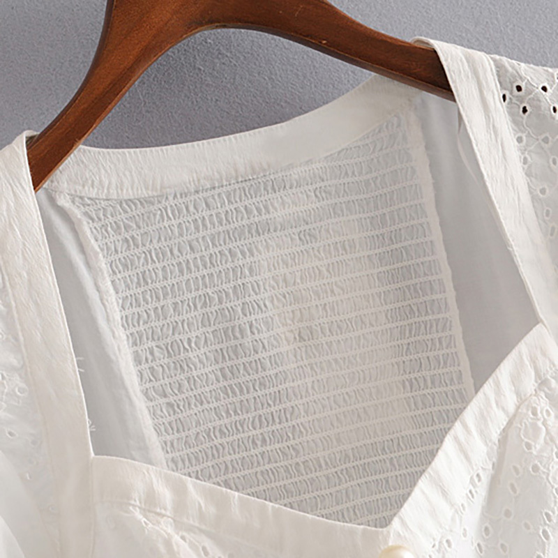 Women Chic Embroidery Patchwork White Blouse Summer Pearl Puff Short Sleeve Stylish Blouses Holiday Cotton Shirt Female 210515