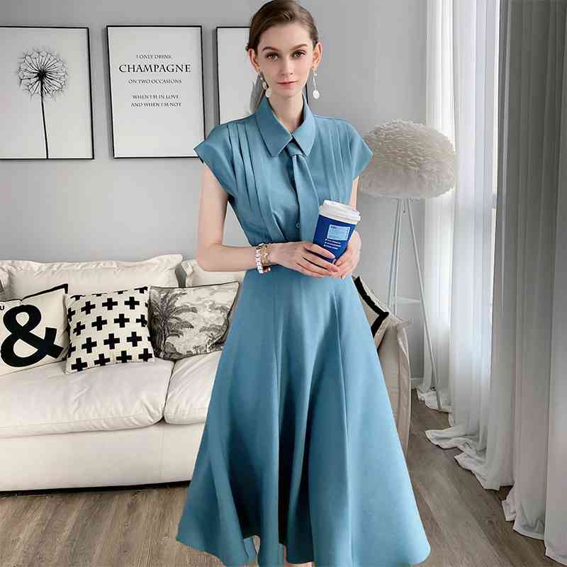 Dabuwawa Blue Tie Pleated Shirt Top Long A-Line Skirt Set Women Short Sleeve Elegant Two Pieces Sets Office Lady DT1BSA008 210520