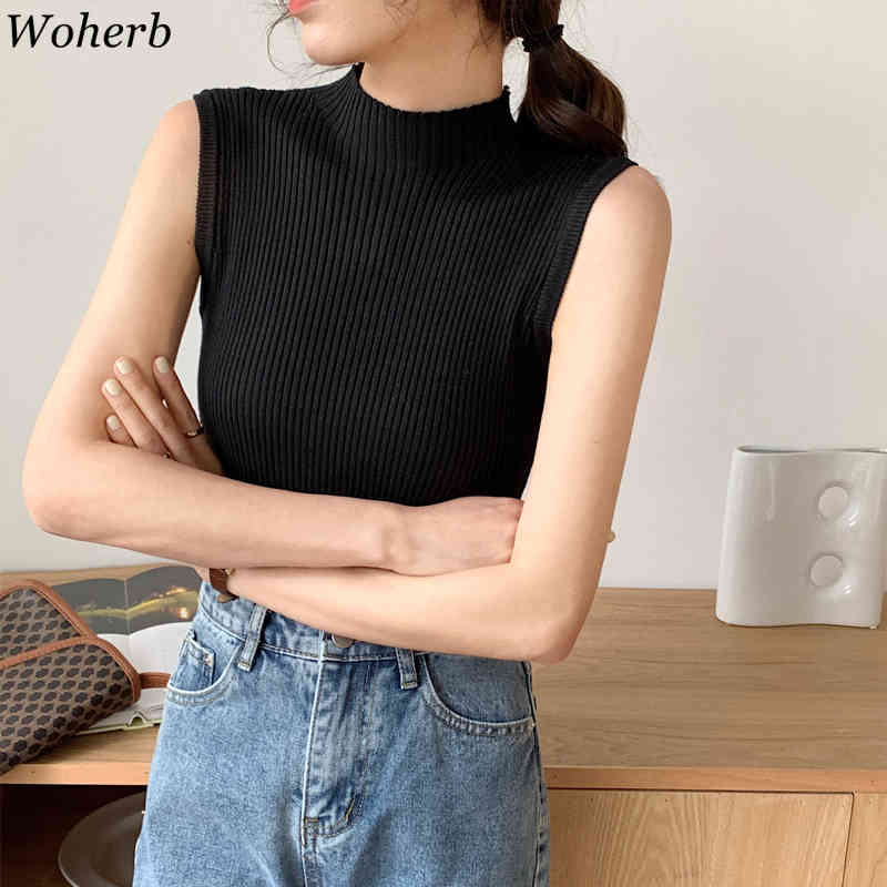 Women Tank Tops Summer Knitted Turtleneck Ladies Sexy Thin Slim Female Casual T-shirt All Match Top 210519