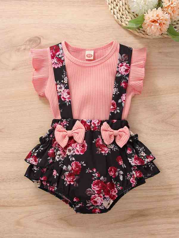 Baby Ruffle Trim Tee & Floral Print Bow Front Crisscross Pinafore Shorts SHE
