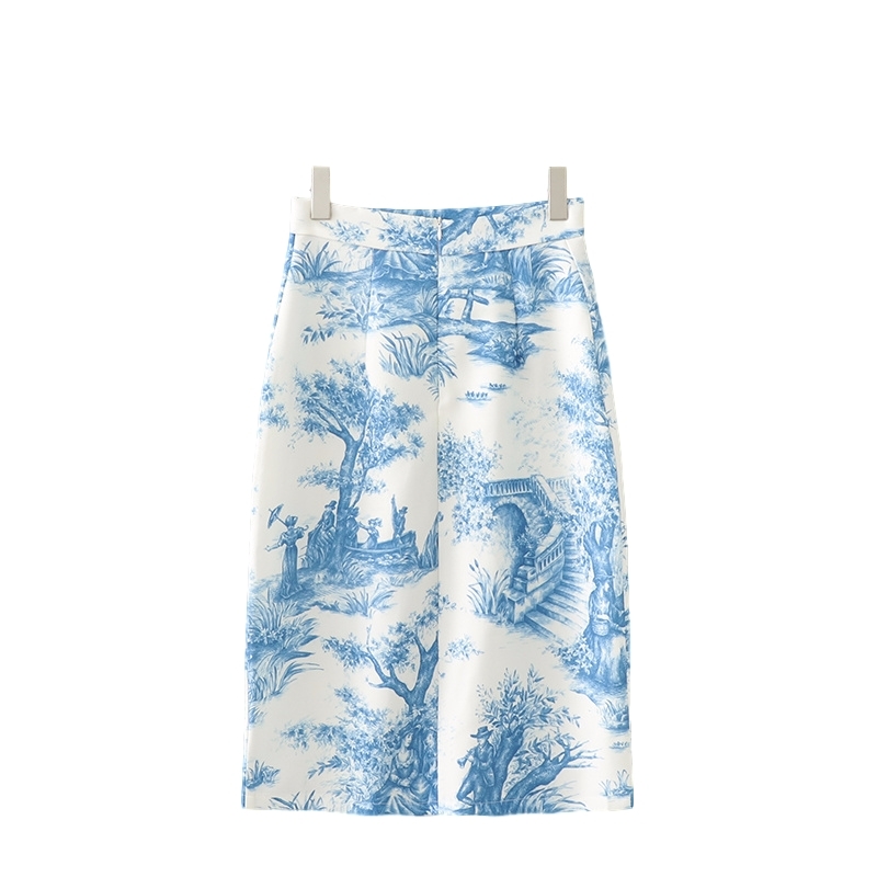 elegant women blue and white printing skirts fashion ladies side slit female button girls chic 210430