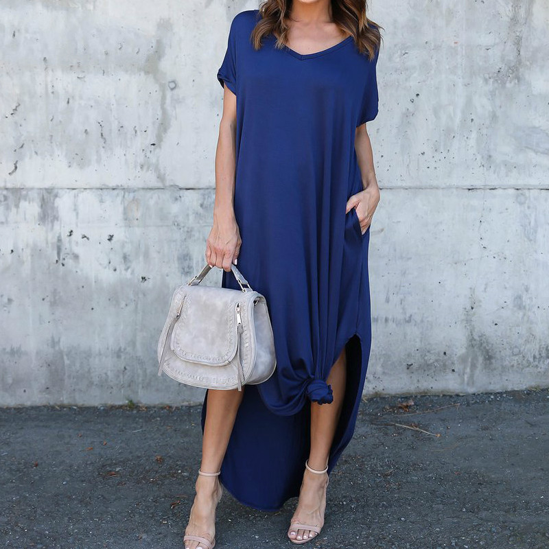 Tataria Women's Casual Loose Pocket Long Dress Short Sleeve es T Shirt Solid Color Vintage V-neck 210428