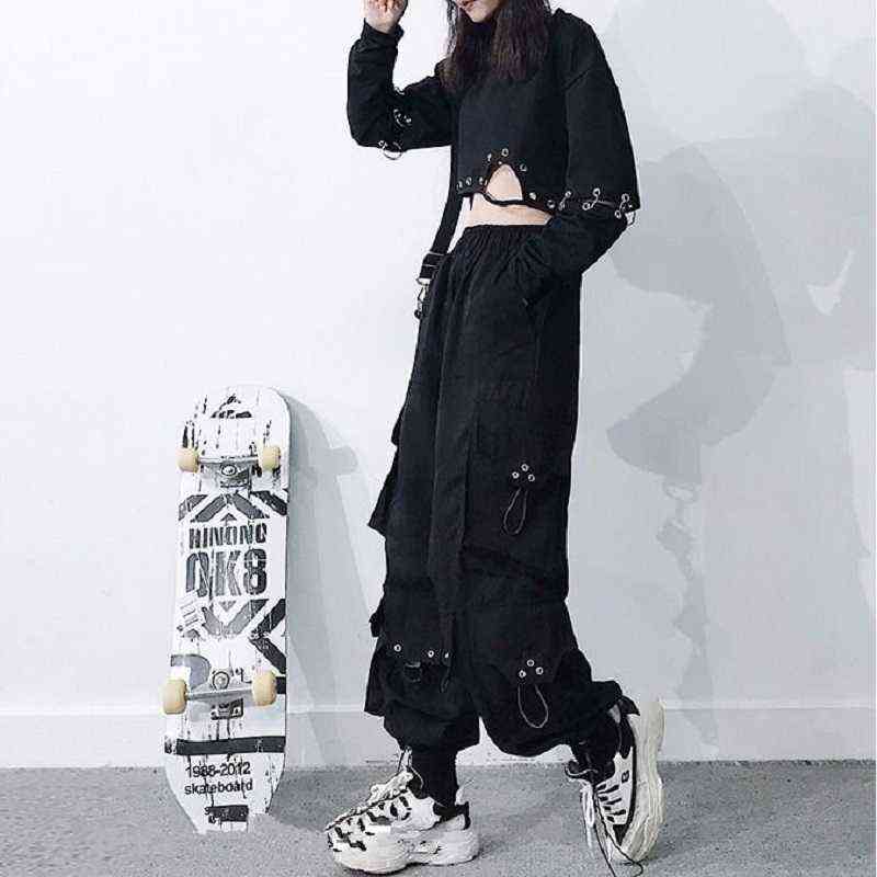 QWEEK Gothic Black Cargo Pants Women Baggy Harajuku Streetwear Oversize Punk Jogging Trousers for Female Hip Hop Mall Goth Emo 211115
