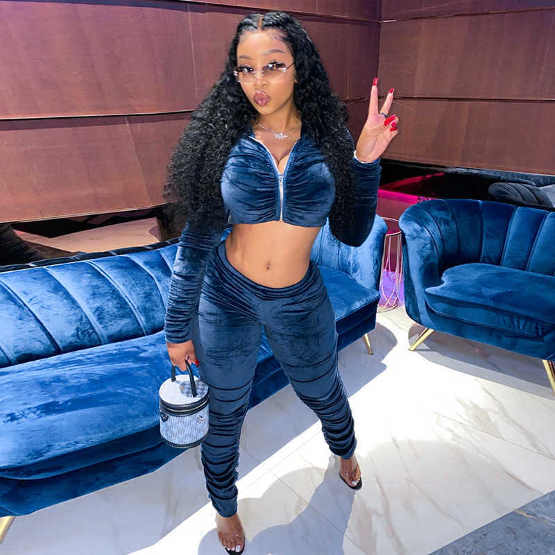 Colysmo Blue Velour Tracksuit Zipper up Hoodie Stacked Sweatpants Women Two Piece Pants Set Autumn Fashion Street Casual Suit 210527