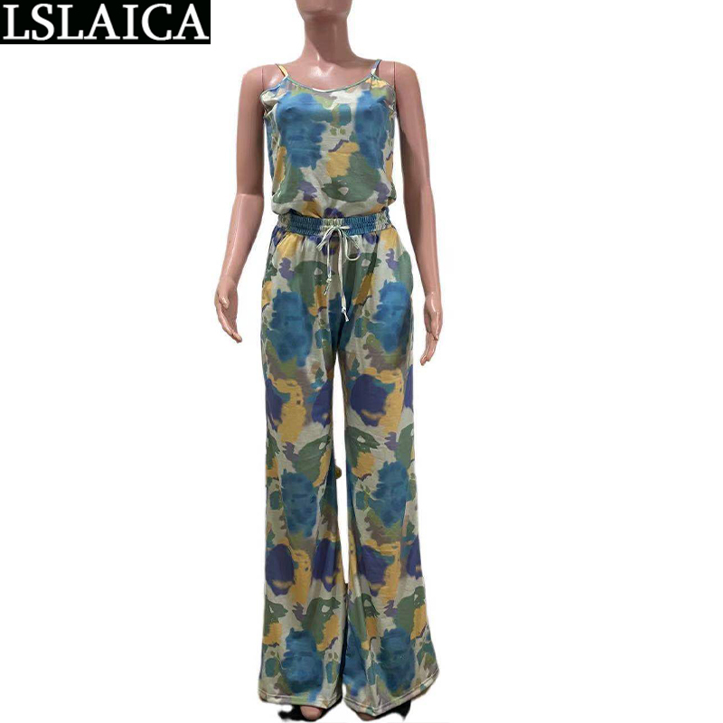 Two Piece Set Women Pants Tie Dye Casual High Waist Drawstring Plus Size Summer Woman Outfit Streetwear Elegant Home Knit Suit 210520