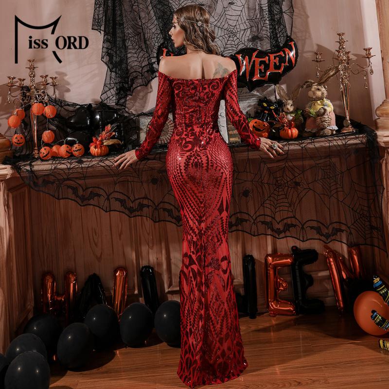 Missord Women Long Sleeve Sexy Off The Shoulder Evening Party Dress Vintage Red Christmas Sequin Maxi Dresses FT8249 Casual