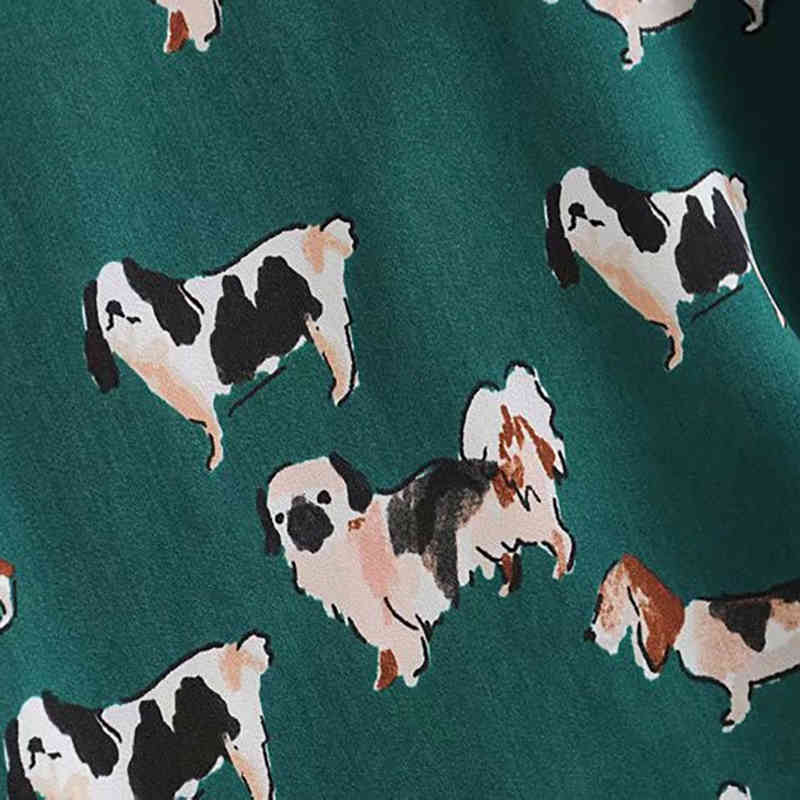 Women Green Dog Print Blouse Shirt Puff Sleeve Elegant Bow Tie Vintage Animal Pattern Top Casual Long Polyester