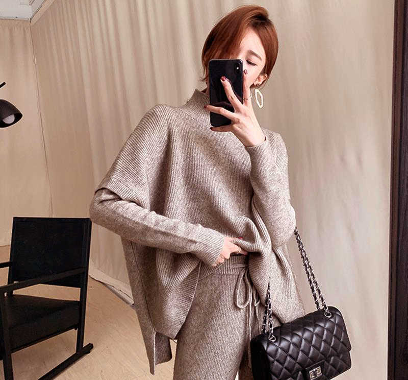 Cashmere Three Piece Sets Woman Loose Sweater + Wide Leg Pants Autumn Winter Elegant Korean Warm Knitted Wool Pant female 210930