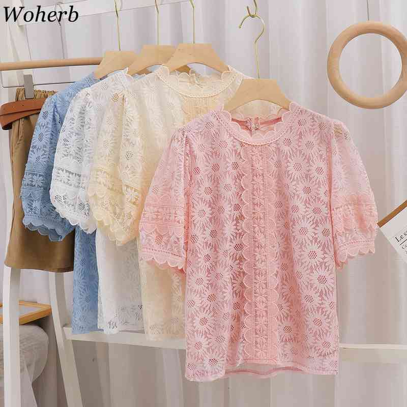 Chic Embroidery Lace Blouse Women Tops Summer Vintage Lantern Sleeve Causal Solid Shirt Korean Elegant Blusas 210519