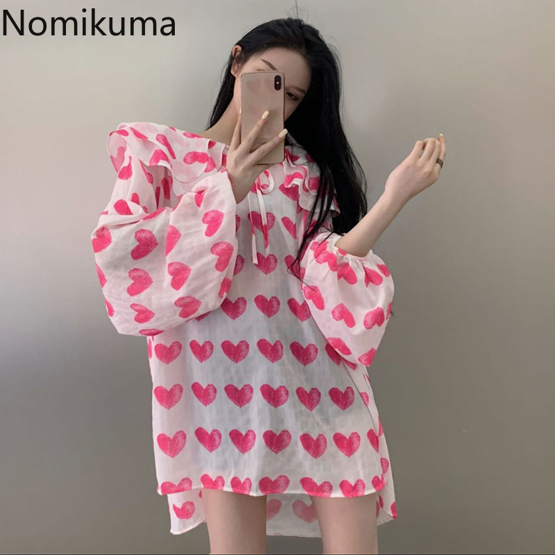 Nomikuma Korean Love Heart Printed Chiffon Blouse Shirt Causal Lantern Sleeve Peter Pan Collar Oversized Women Top Blusas 6F182 210427