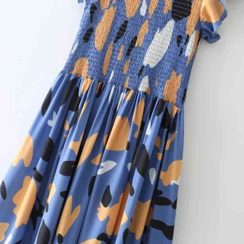 Summer Women Elegant Print Elastic Bust Midi Dress Female Butterfly Sleeve Clothes Casual Lady Loose Vestido D7779 210430