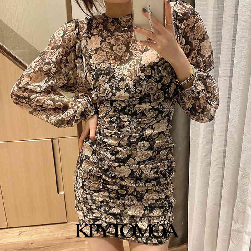 Women Fashion Metallic Thread Floral Print Pleated Mini Dress Long Sleeve With Lining Female Dresses Mujer 210420