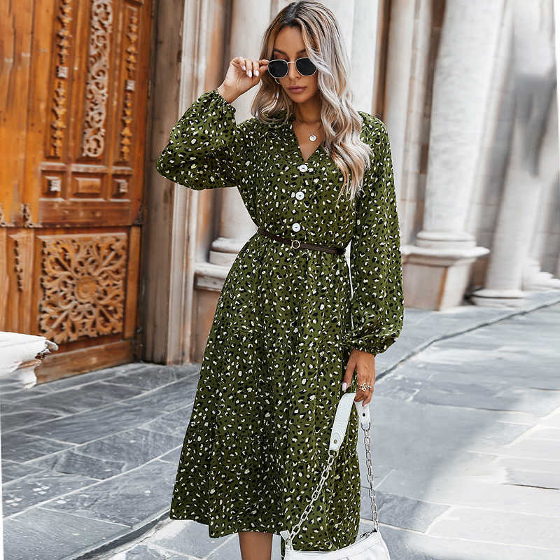 Spring Long Sleeve Midi Dress Women Autumn Leopard Print Loose White Green Casual Dresses Fashion Elegant Clothing Fall 210630