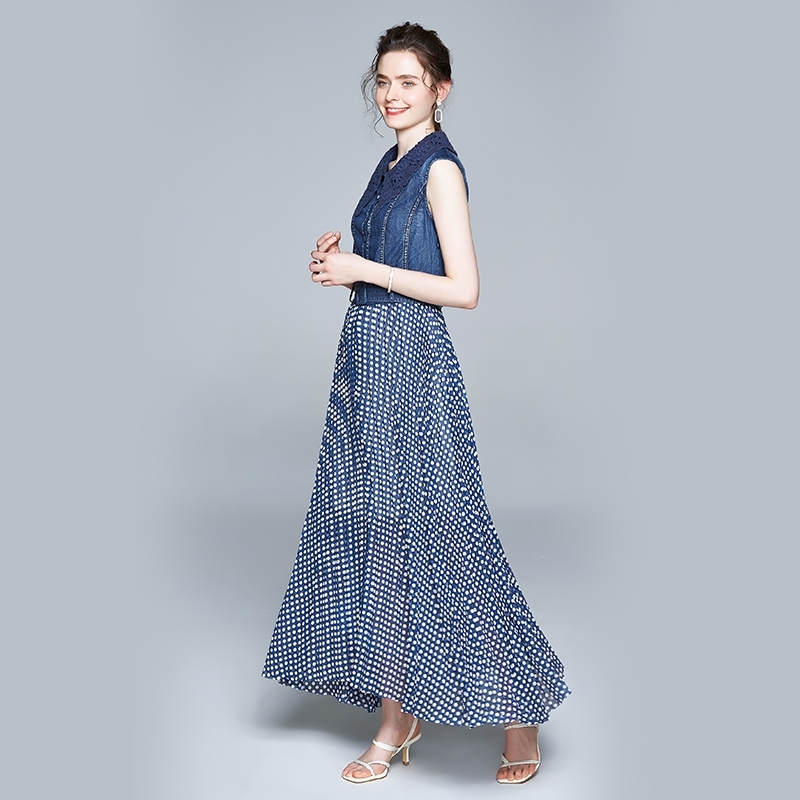 Fashion Women Summer Elegant Denim Dress Femme Vintage Dot Patchwork Runway Sleeveless Long Vestidos 210520