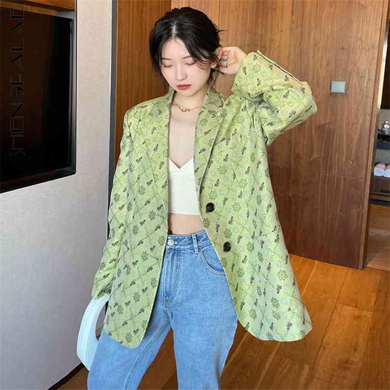 temperament Green Jacquard blazer women's spring autumn notched loose single breasted long sleeve suit coat 210427