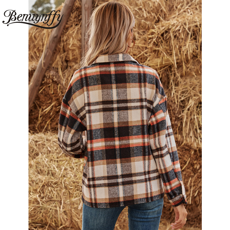 Turn-down Collar Drop Long Sleeve Autumn Winter Plaid Coat Women Casual Single Breasted Ladies Outwear Coats Jacket 210510