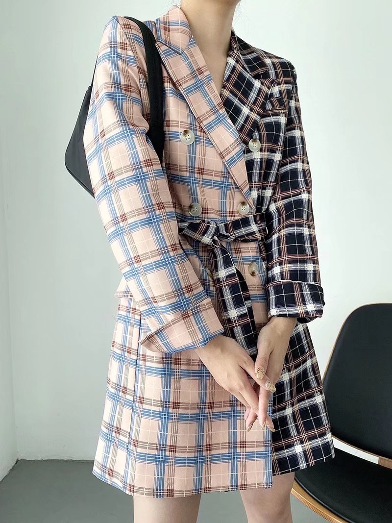 Autumn Winter Tie Bow Gingham Check Plaid Trench Elegant Women Lapel Long Sleeve Slim Fit Mid Coat Outerwear 210429