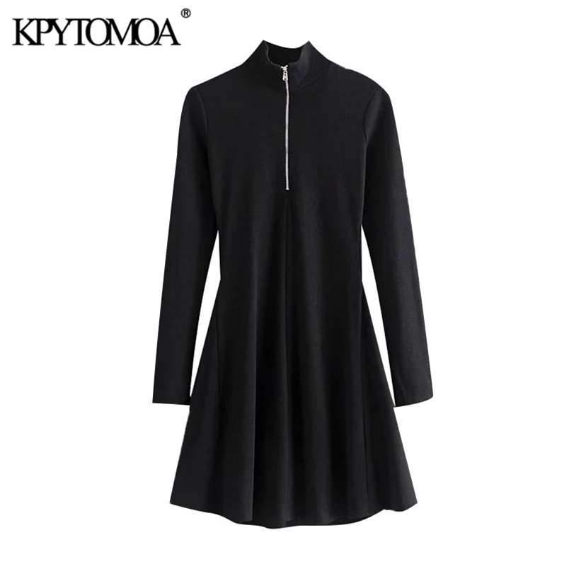 Women Chic Fashion With Half-Zip Ribbed Mini Dress High Neck Long Sleeve Female Dresses Vestidos Mujer 210420