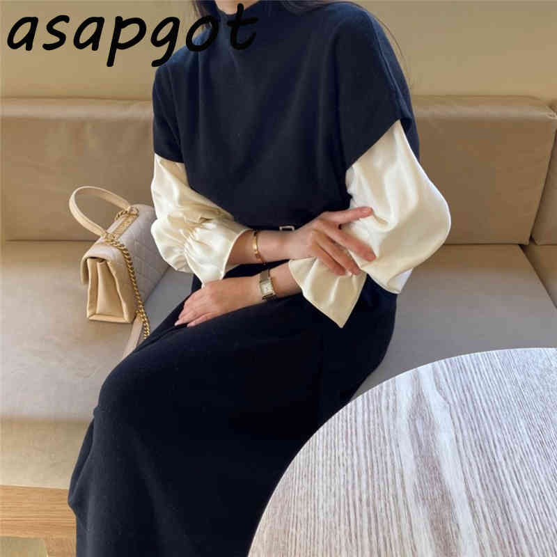 Autumn Chic Solid Loose Flare Sleeve Blouse Tops Half Turtleneck Short Knitted Dress Women Bandage Lace Up Waist Casual 210429