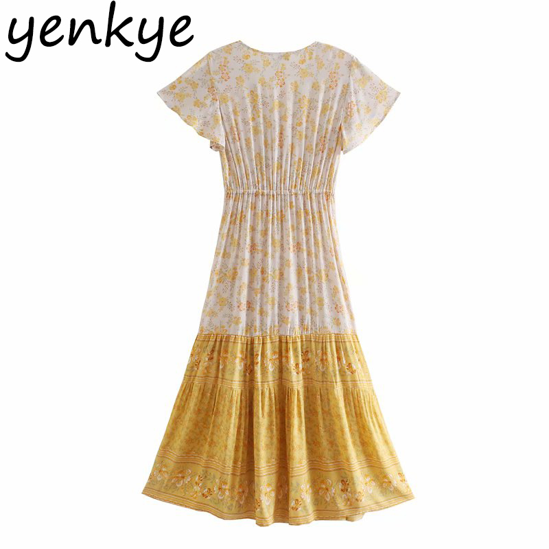 Holiday Boho Long Maxi Dress Women Short Sleeve Drawstring Waist Floral Print Vestido Mujer A-line Casual Summer Dresses 210430