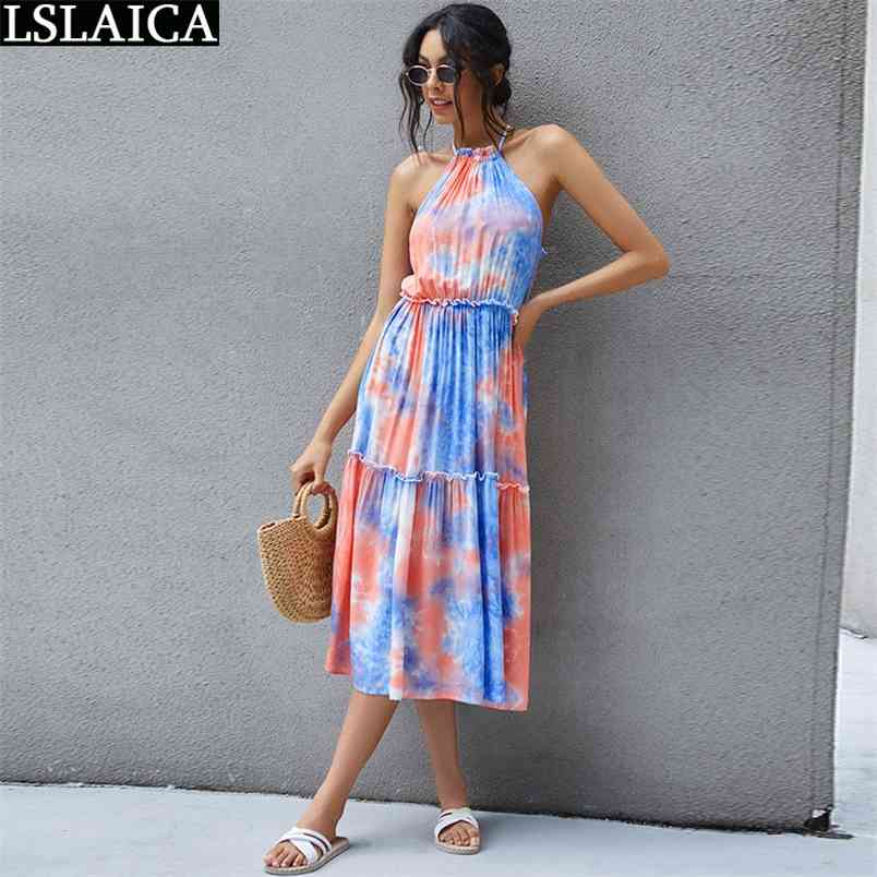 Women Long Maxi Dress Sexy Strappy Halter Summer Sleeveless Tie-Dye Casual Beach Party Club Robe Femme Ete 210515