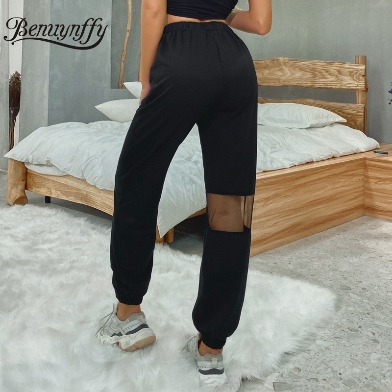 Black Mesh Patchwork Knit Sweatpants Women Spring Autumn Pockets High Waist Streetwear Casual Ladies 210510