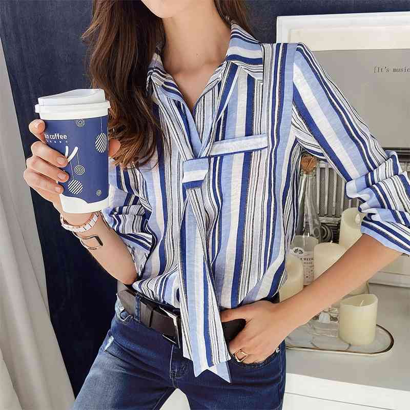 Dabuwawa Casual Striped Shirt Women Spring Autumn Long Sleeve Button Tie Shirt Fashion Women's Shirt Spring Top DO1AST032 210520