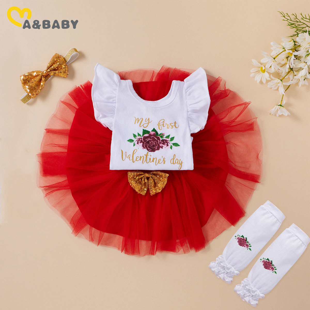 3-12M Valentines Day Baby Girl Outfits Toddler born Infant Girls Letter Flower Romper Red Skirts Leg warmer Headband 210515