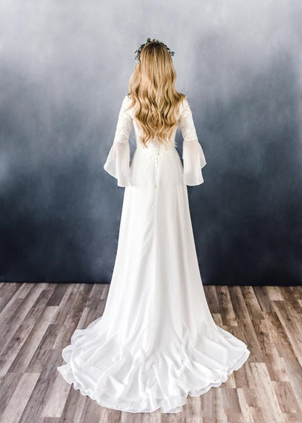 Chiffon Lace Boho Modest Wedding Dresses With Sleeves Lace-Up Back Country Western Informal Bridal Gowns robe de mariée bohème