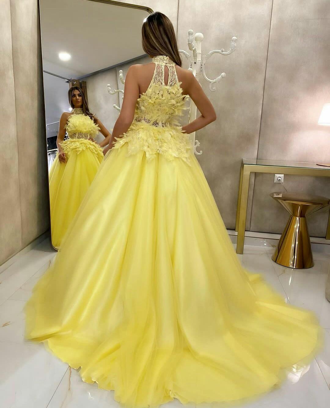 Charming Yellow Evening Dresses A Line Feather Lace High Collar Prom Dress Illusion Zip Back Dubai Party Pageant Gowns Robe de mariée Custom Made