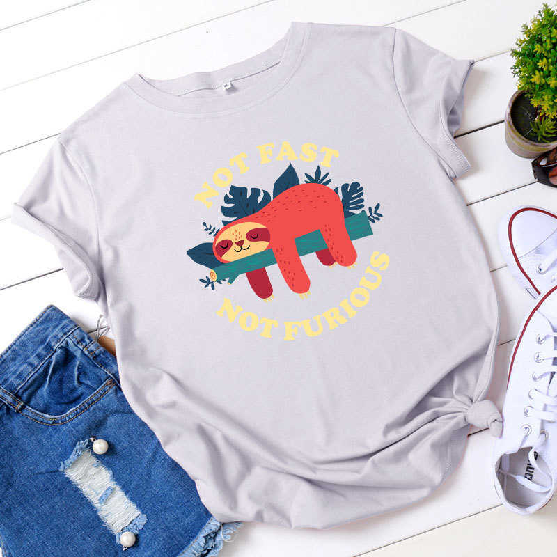 100% Cotton Cute Lazy Sloth Women T-Shirt Casual Loose Short Sleeve Fashion High Street Female Tees S-5XL Plus Size W877 210526