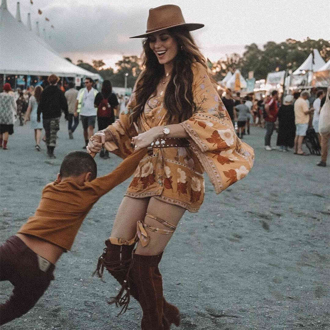 Boho Printed Bikini Cover-ups Long Kimono Self Belted Summer Beach Dress Cotton Tunic Women Wear Swim Suit Cover Up A559 210420