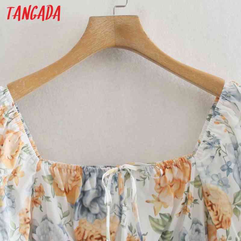 Summer Women Floral Print Midi Square Neck Short Sleeve Ladies Dress Vestidos XN333 210416